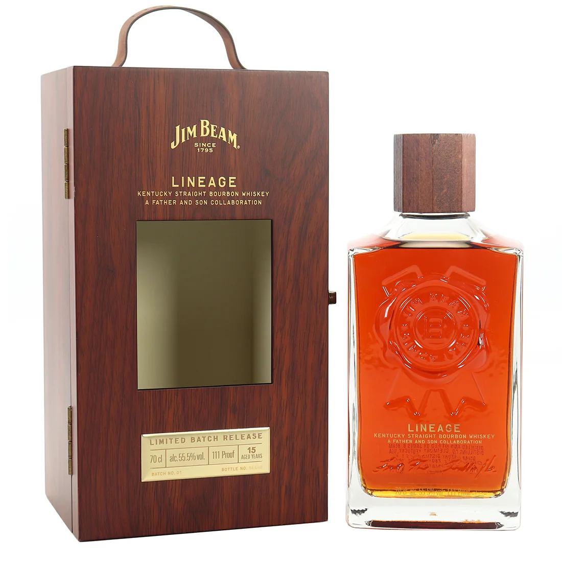Jim Beam 15 Year Old Lineage Batch 1 Kentucky Straight Bourbon Whiskey bottle on a plain background