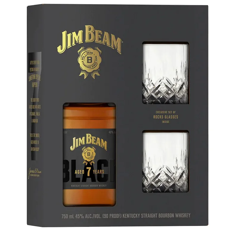Jim Beam Black 7 Year Old Gift Set with 2 Glasses bottle on a plain background