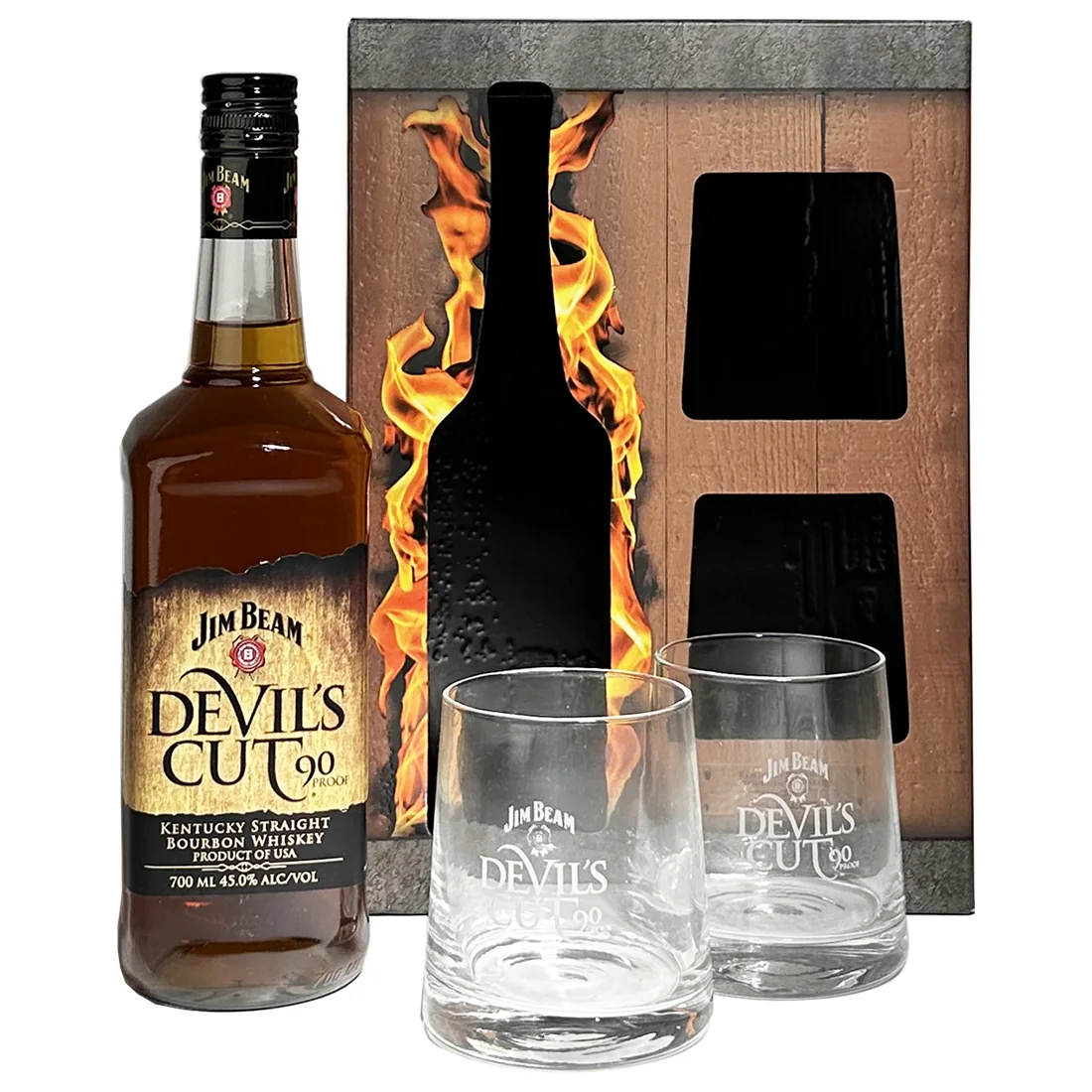 Jim Beam Devil's Cut Gift Pack 2 Glasses bottle on a plain background