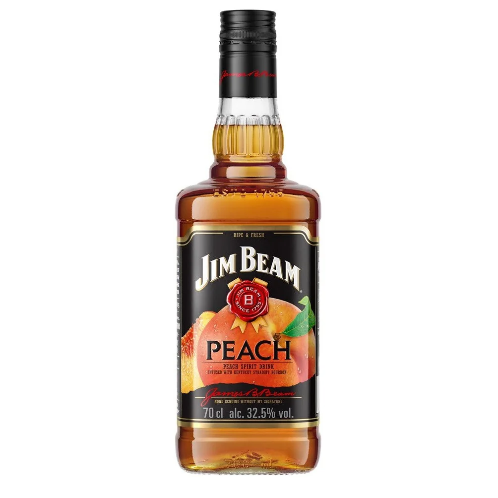 Jim Beam Peach Kentucky Straight Bourbon Whiskey bottle on a plain background