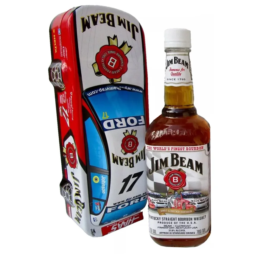 Jim Beam Racing Car 2007 Limited Edition with Tin bottle on a plain background