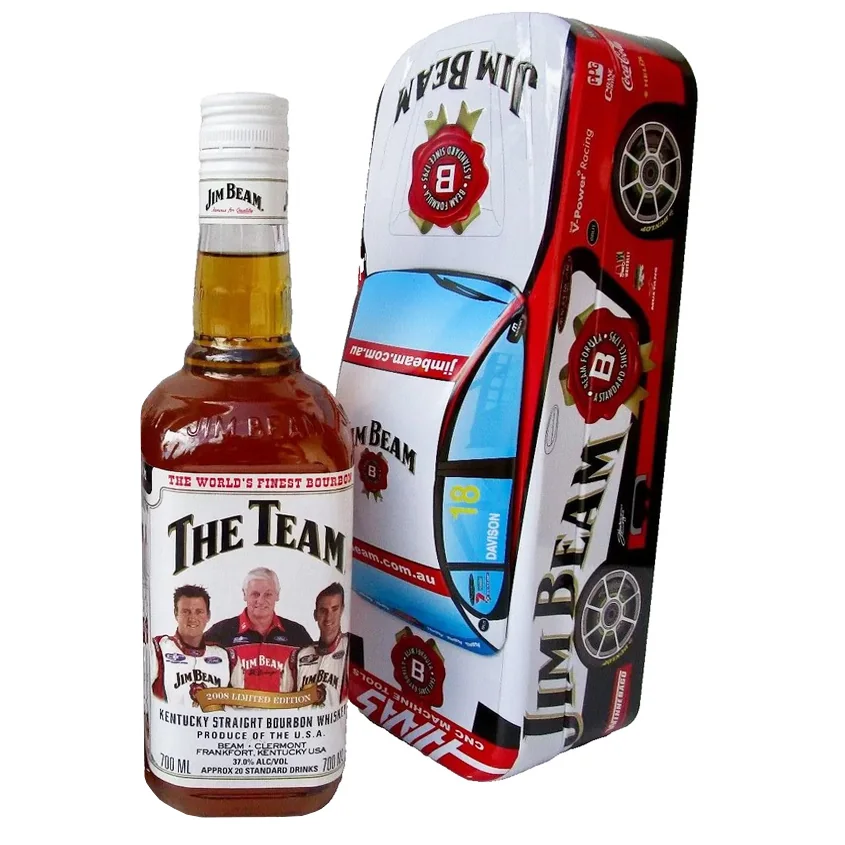 Jim Beam Racing Car 2008 Limited Edition with Tin bottle on a plain background