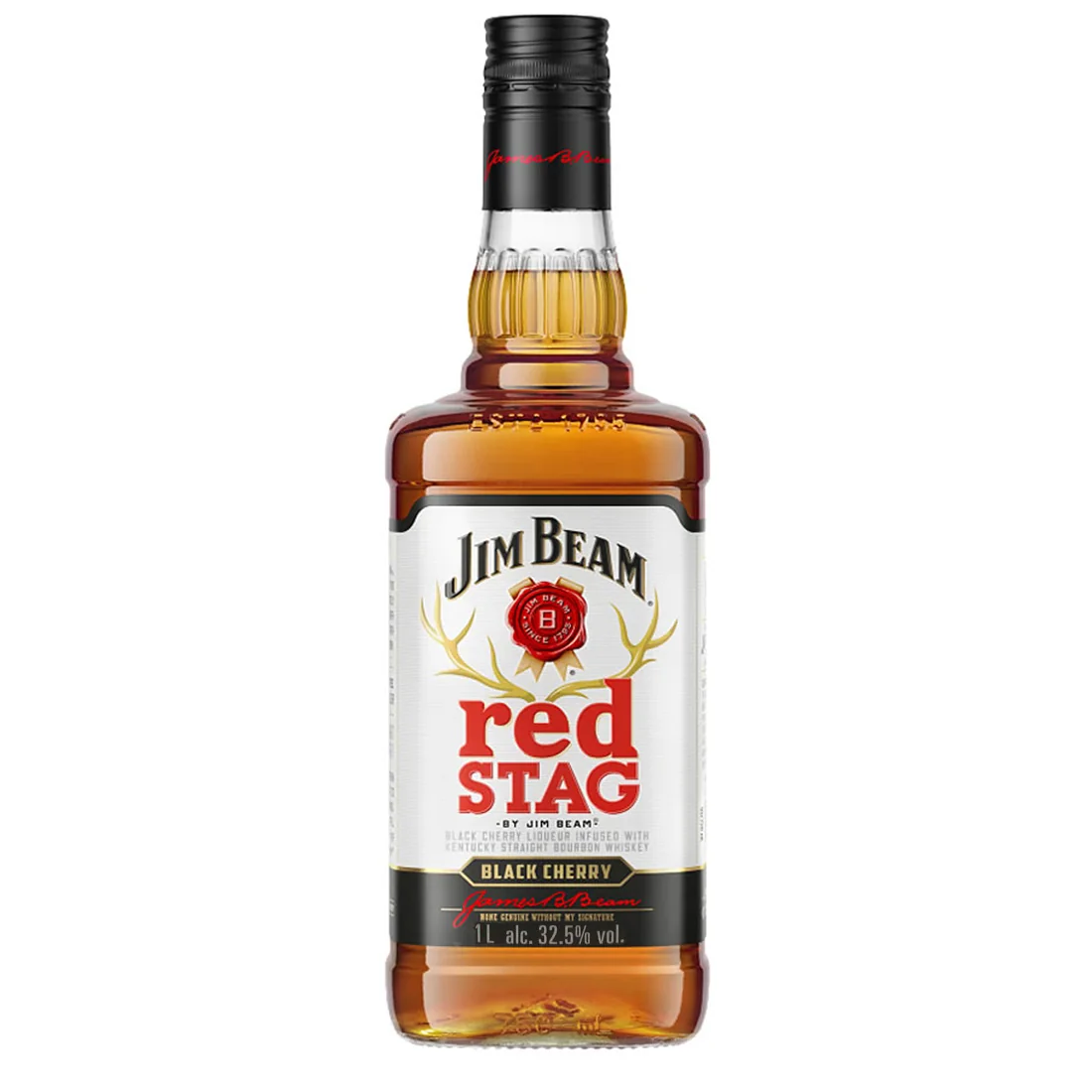 Jim Beam Red Stag Black Cherry Kentucky Straight Bourbon Whiskey 1L bottle on a plain background