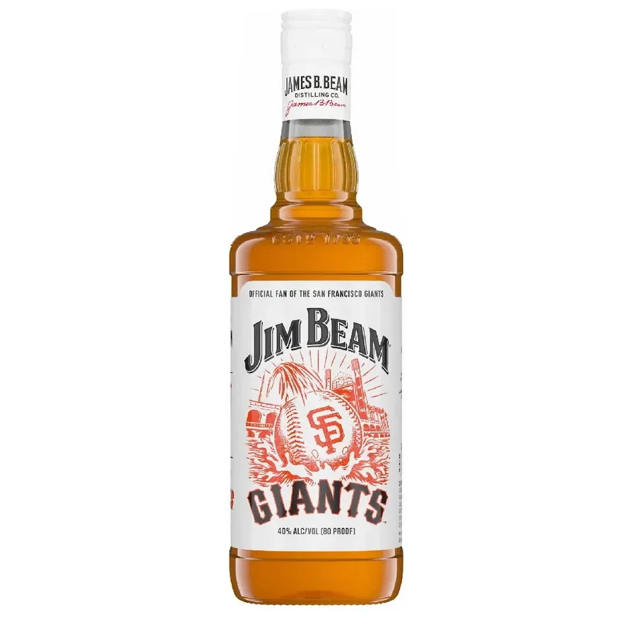 Jim Beam San Francisco Giants Kentucky Straight Bourbon Whiskey bottle on a plain background