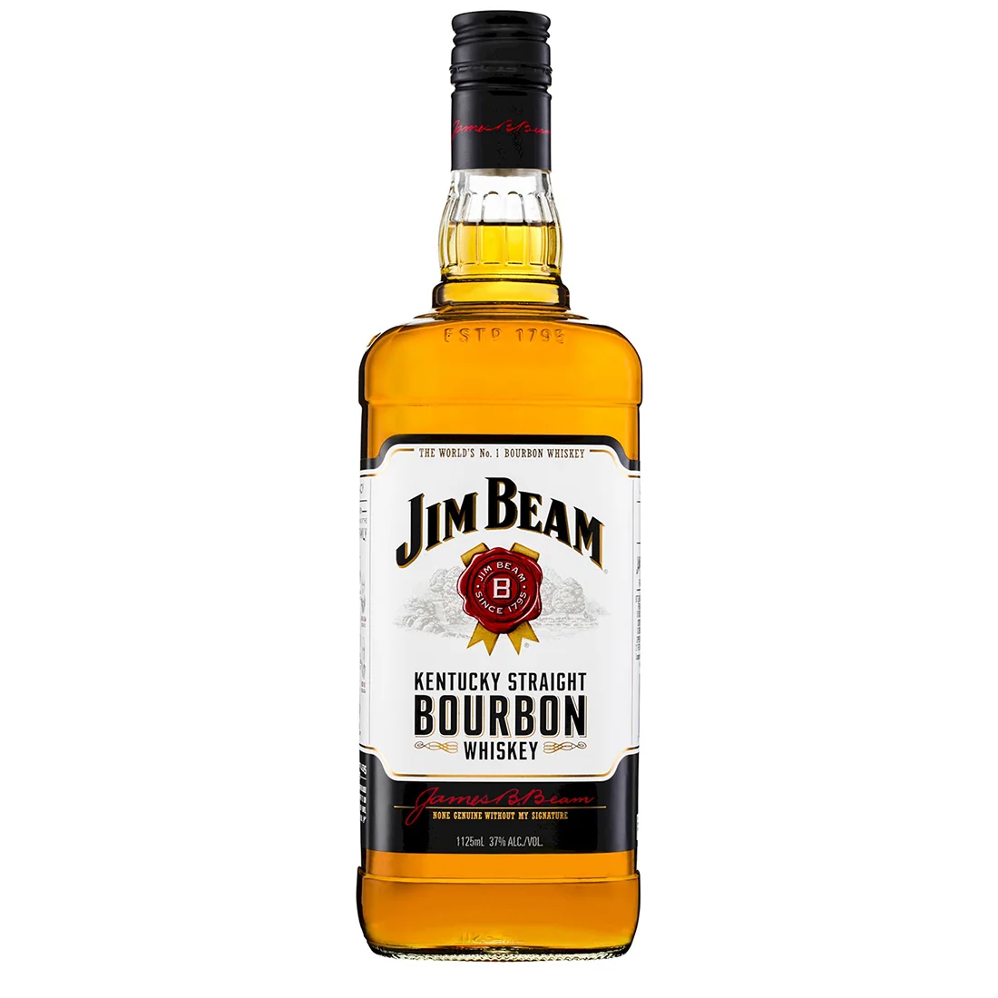 Jim Beam White Label Kentucky straight bourbon whiskey bottle on a plain cream background
