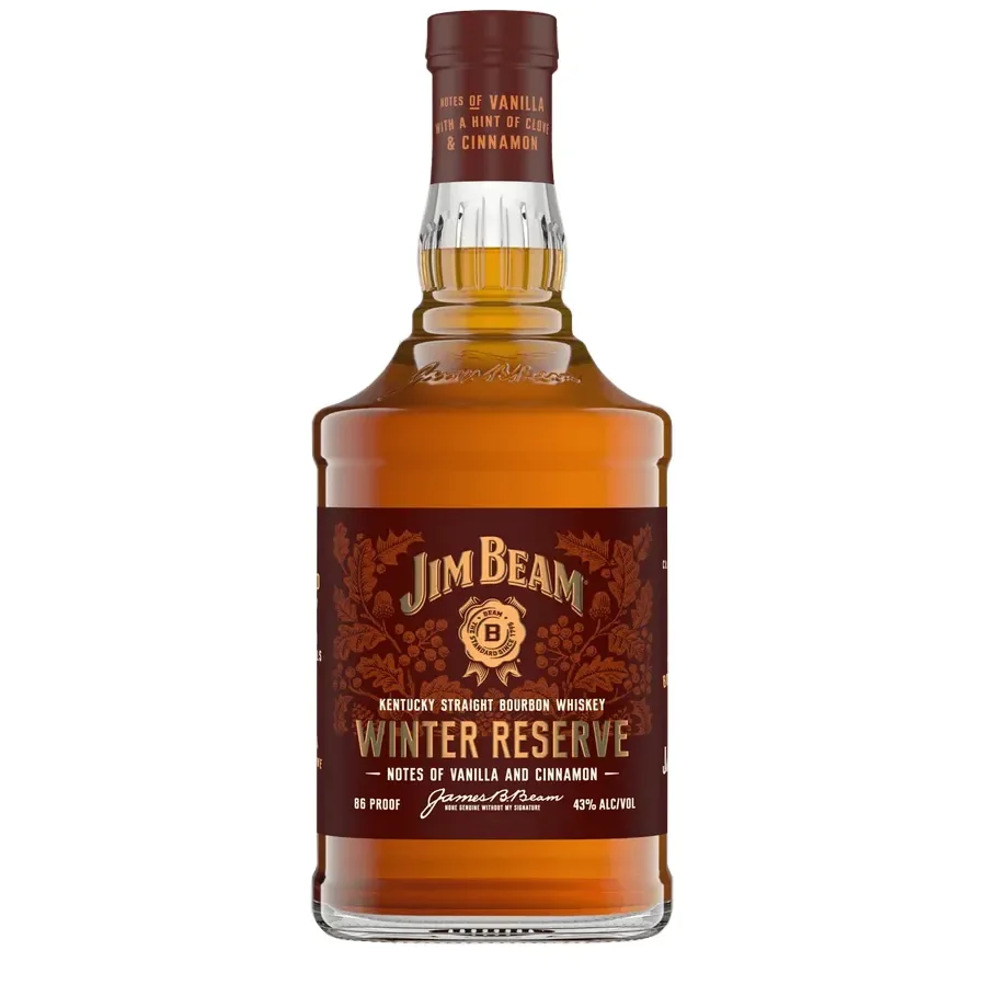 Jim Beam Winter Reserve Kentucky Straight Bourbon Whiskey bottle on a plain background