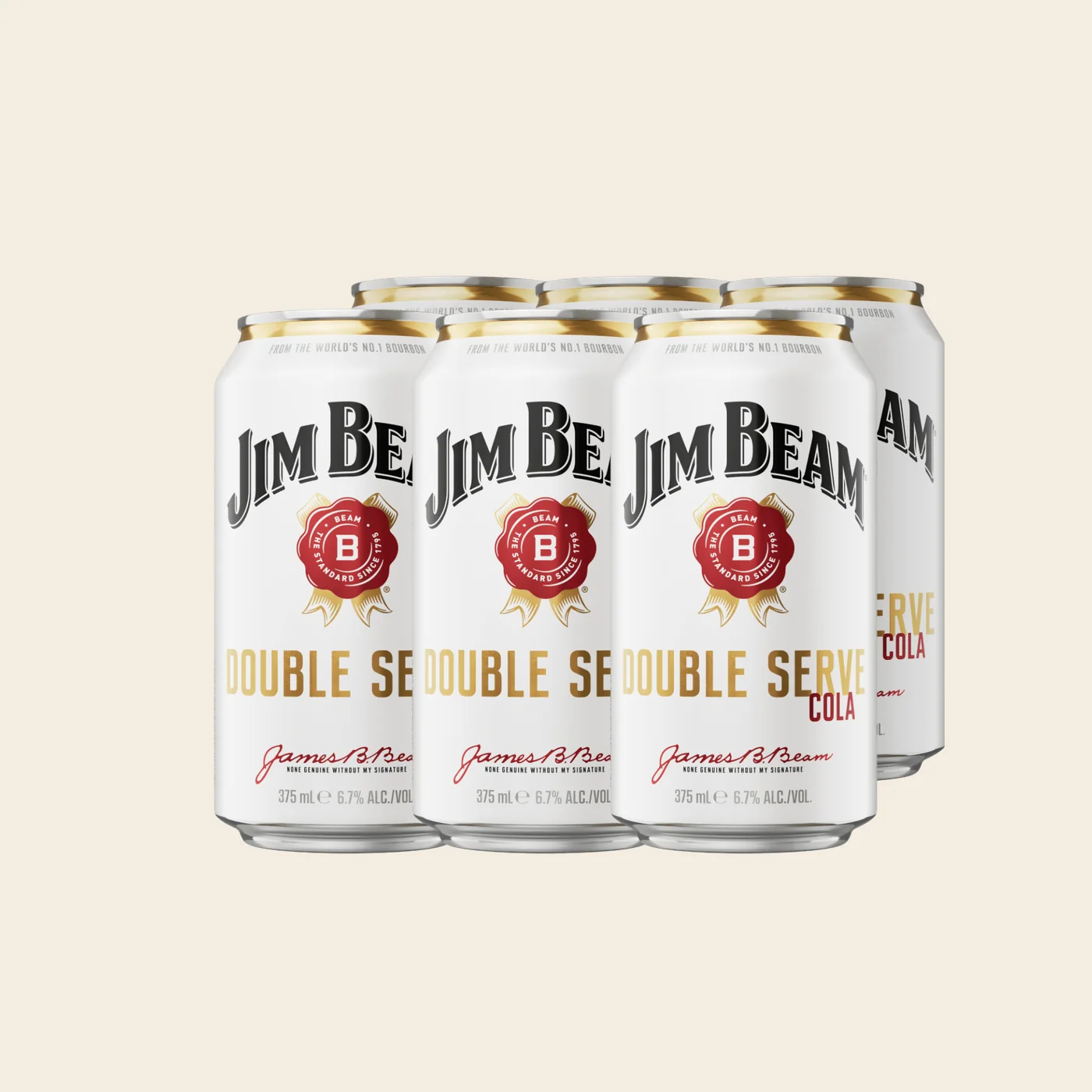 Jim Beam White Double Serve Bourbon & Cola 6.7% Cans 375mL 6 Pack on a plain background
