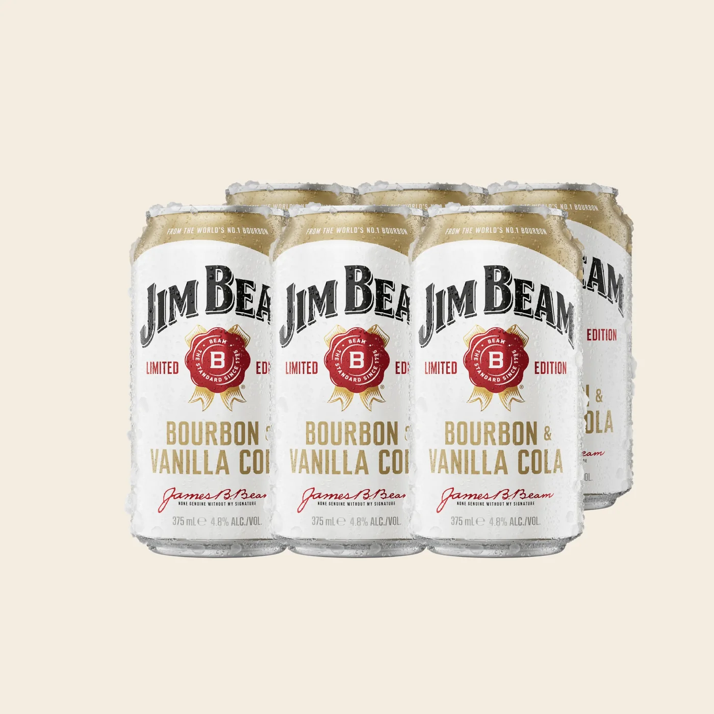 Jim Beam Vanilla & Cola 4.8% Cans 375mL 6 Pack on a plain background